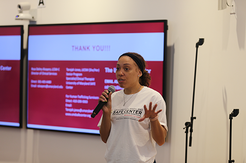 A women presenting at a human trafficking prevention event